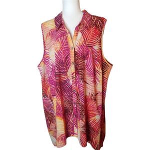 Catherines Sleeveless Tunic Palm Leaf Button Up Orange Pink and Red Top Size 3X